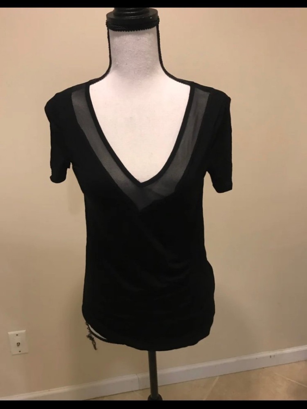 Charlotte Russe Black V-Neck Short Sleeve Top with Sheer Inset